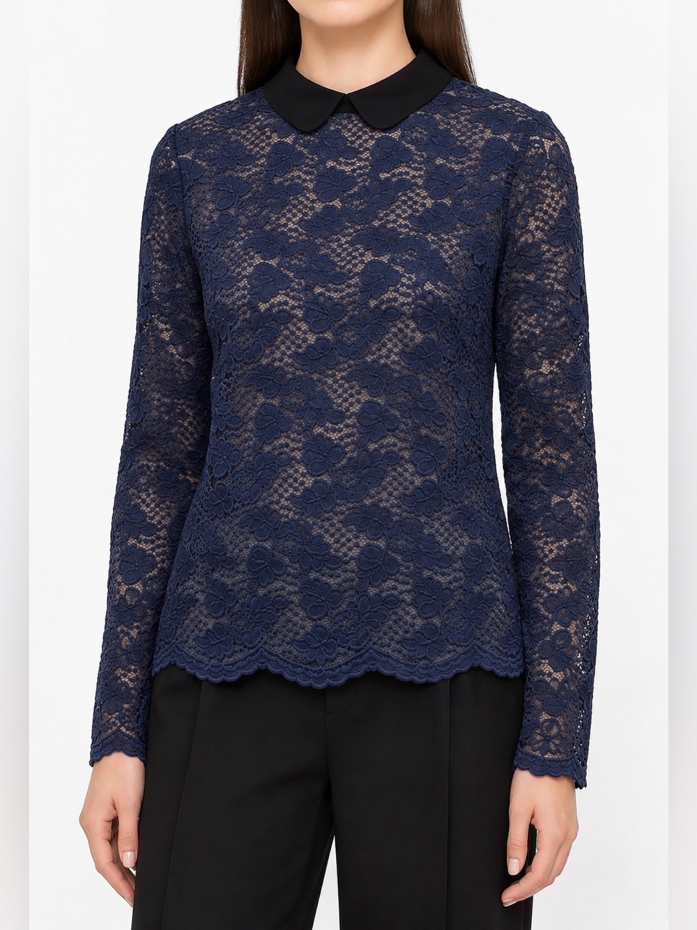 Sweewe Paris Women’s Navy Blue Black Lace Blouse Top Peter Pan Collar Sz M/L NWT